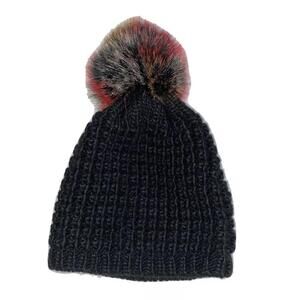 Kyi Kyi Extra Big Fox Fur PomPom Waffle Knit Beanie Hat Black Women's